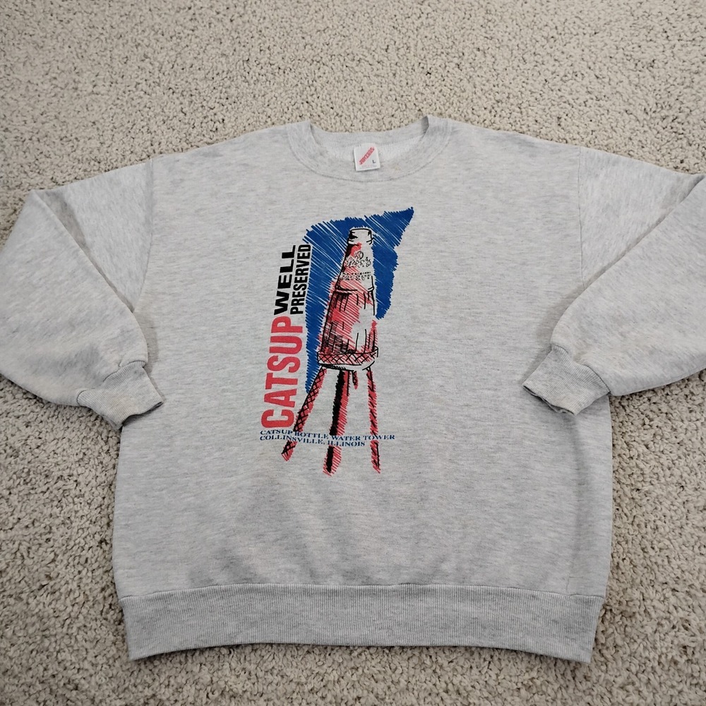 VINTAGE Jerzees Sweatshirt Mens Large Gray Catsup Ketchup Illinois USA 90s